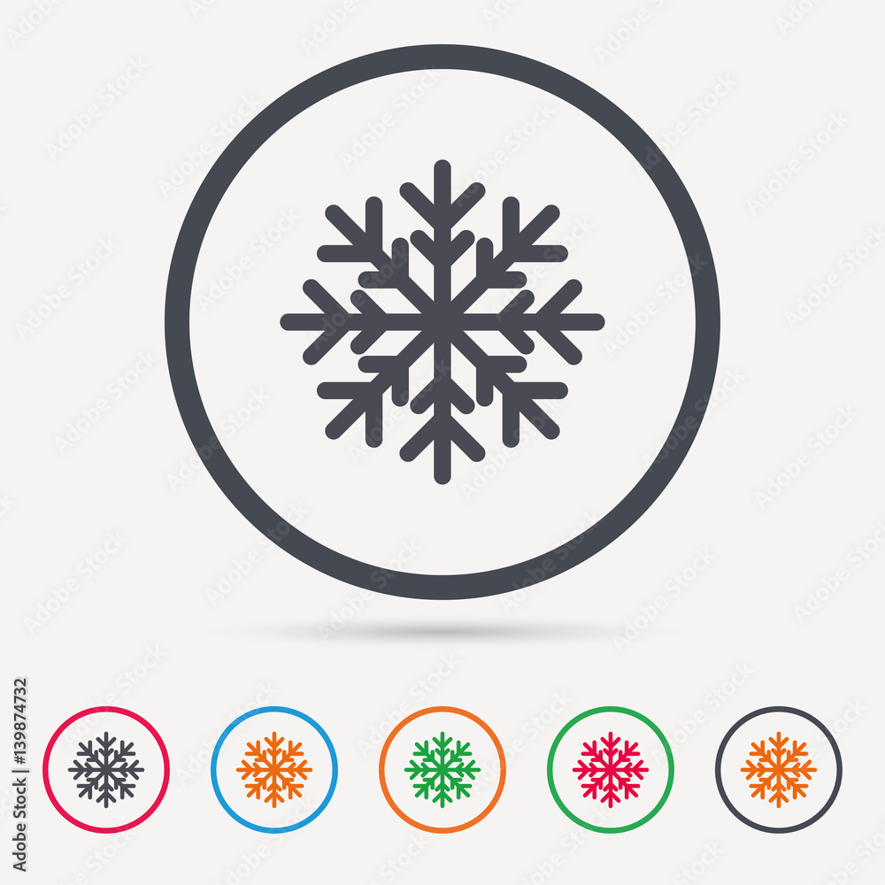 Snowflake icon. Air conditioning symbol. Round circle buttons. Colored flat web icons. Vector