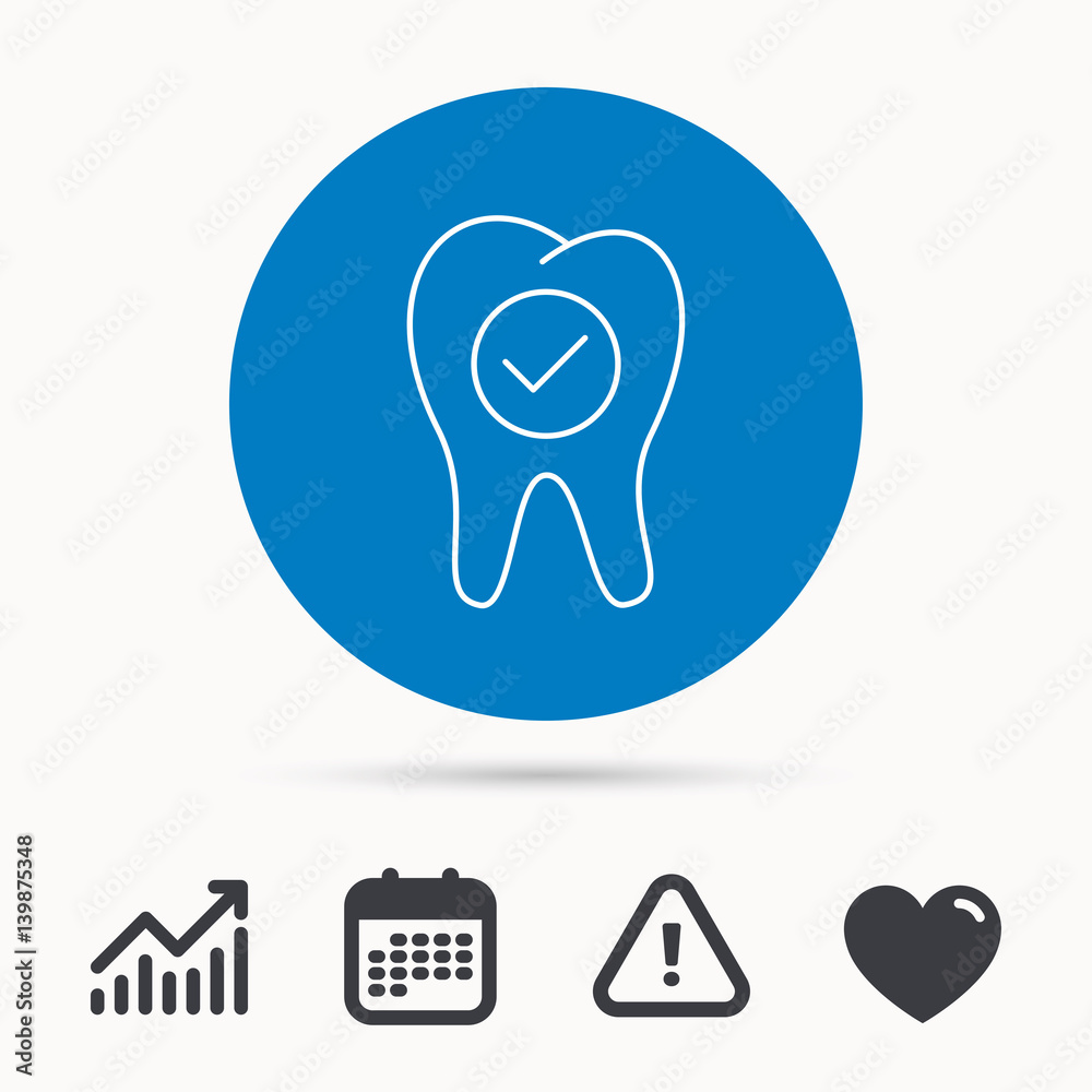 Check tooth icon. Stomatology sign. Dental care symbol. Calendar, attention sign and growth chart. Button with web icon. Vector Check tooth icon. Stomatology sign. Dental care symbol. Calendar, attention sign and growth chart. Button with web icon. Vector
