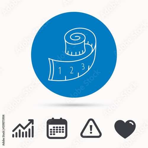 Measuring tape icon. Weight loss sign. Calendar, attention sign and growth chart. Button with web icon. Vector