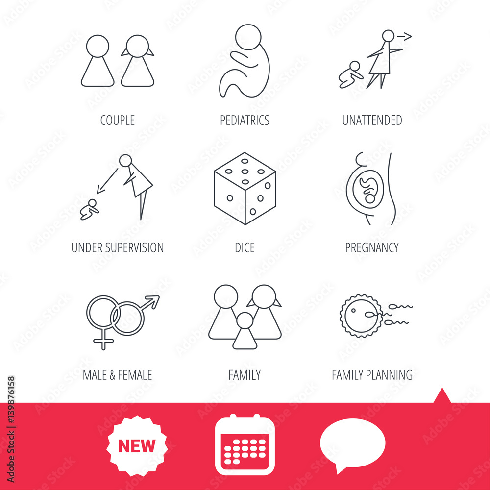 Fototapeta premium Pregnancy, pediatrics and family planning icons. Under supervision, unattended and baby child linear signs. Dice, male and female icons. New tag, speech bubble and calendar web icons. Vector
