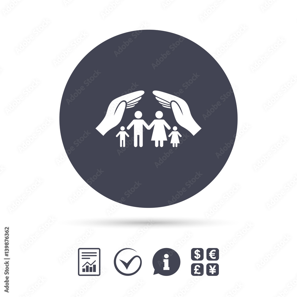 Family life insurance sign icon. Hands protect.