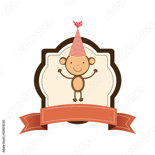 brown emblem with monkey and party hat icon, vector illustraction design
