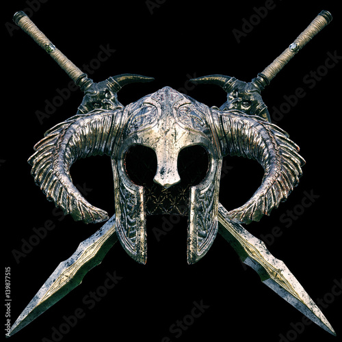 Foto Fantasy helmet with cross swords design on a black background
