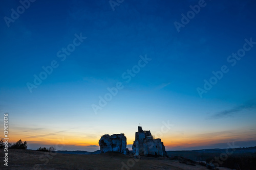Ruins of medieval castle Mirow in Poland at sunset