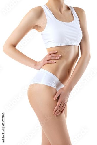 Beautiful young woman body on white background, closeup