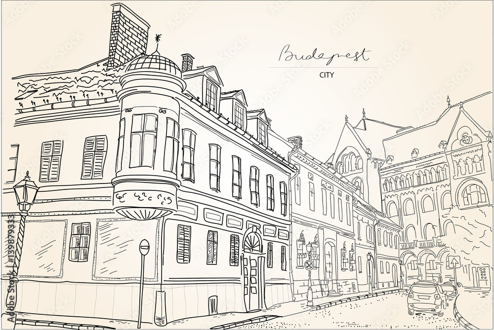 Illustration drawing street Budapest, hand drawn