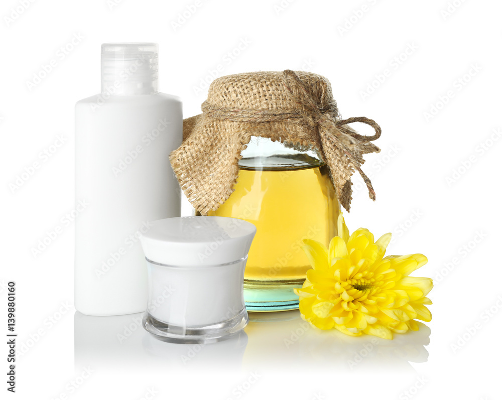 Honey and cosmetics on white background Honey and cosmetics on white background