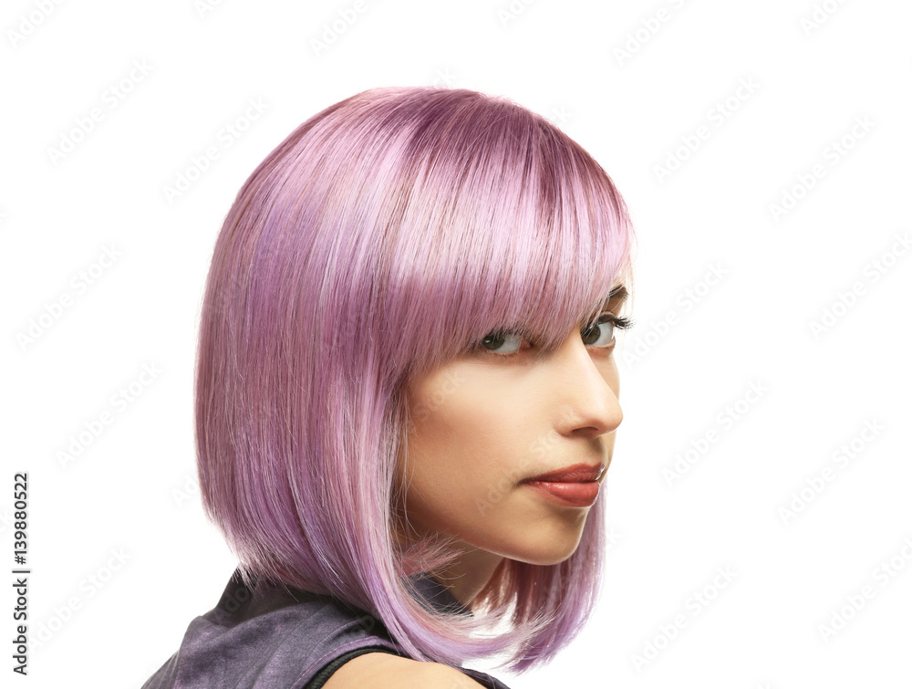 Beautiful young woman with dyed hair on white background Beautiful young woman with dyed hair on white background