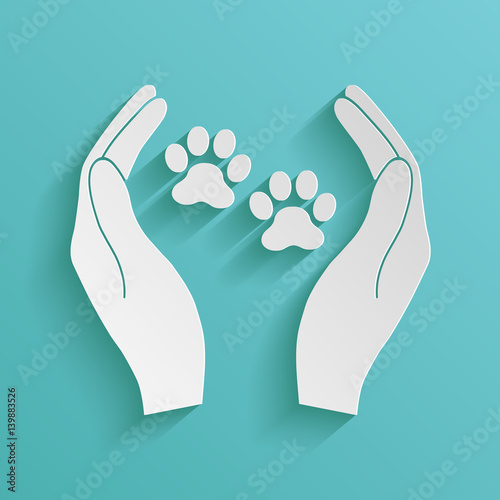 Shelter pets sign icon. Hands holds paw symbol. Animal protection