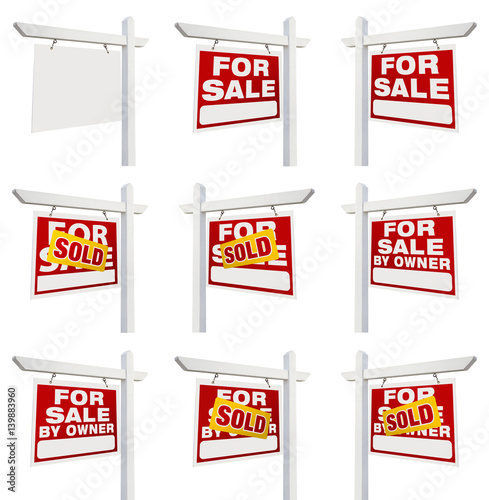 Complete Set of Real Estate Signs with For Sale, Sold, For Sale By Owner and Blank Isolated on White. photo