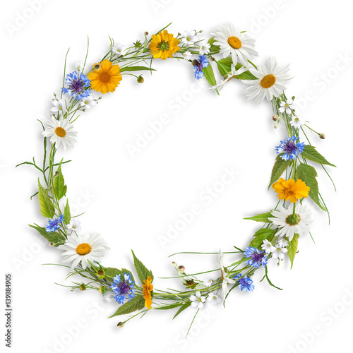 Circle frame from branches, flowers and grass