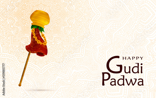 Happy Gudi Padwa celebration, India template, greeting card,.. Hand drawn elements, vector illistration. Gold pot, stick, leaves, red fabric with patterns, flowers. Samvatsaradi, Ugadi, Yugadi holiday photo