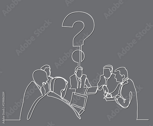 continuous line drawing of business meeting with a questions