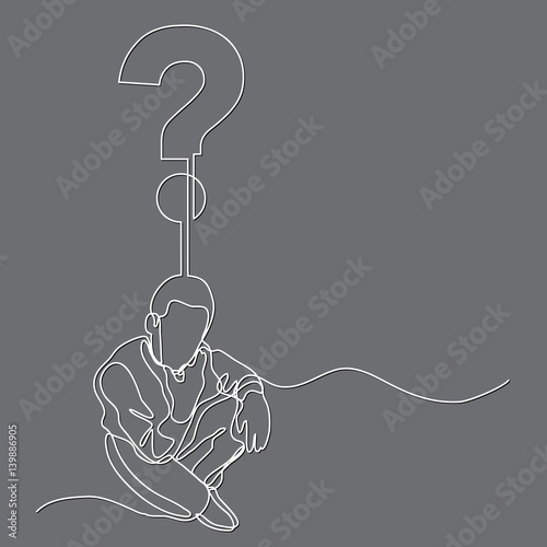 continuous line drawing of sitting man thinking about question