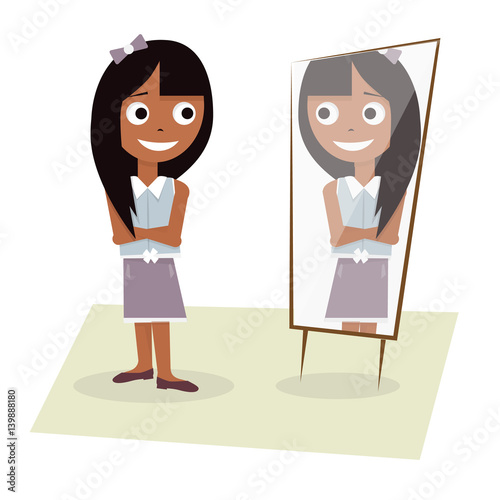 Illustration of a young girl stands before the mirror. photo