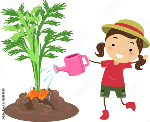 Stickman Kid Girl Carrot Watering