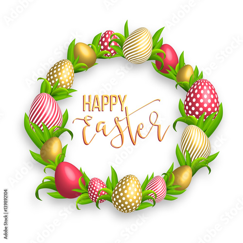 Happy easter template with gold ribbon and eggs, frame, green background and gold confetti. Vector illustration. Design layout for invitation, card, menu, flyer, banner, poster, voucher.