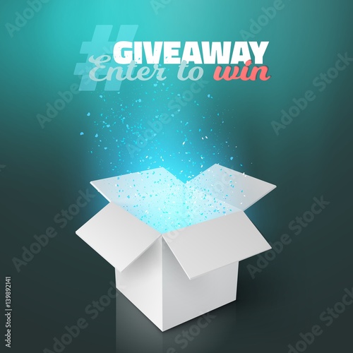 Illustration of Vector White Box Giveaway Competition Template. Open Box with Confetti and Magic Light Enter to Win Prize Concept