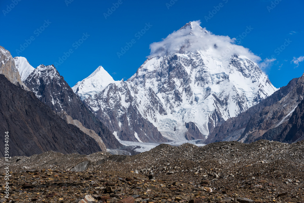 K2 mountain peak with cloud on top, Baltoro glacier, Gilgit, Pakistan