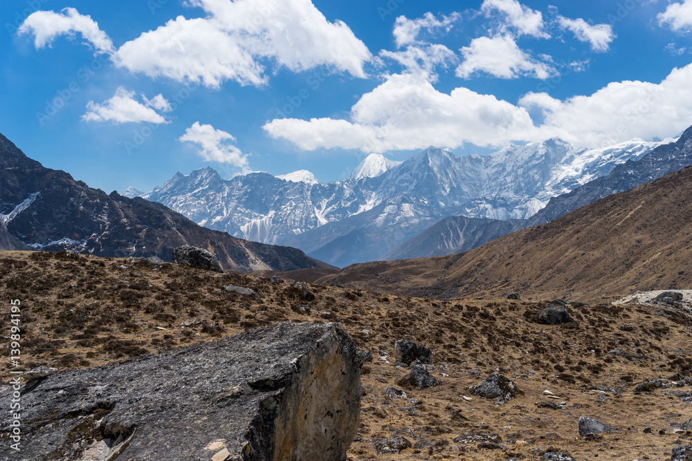 Himalaya mountain range landscape after cross Renjo la pass, Everest region, Nepal