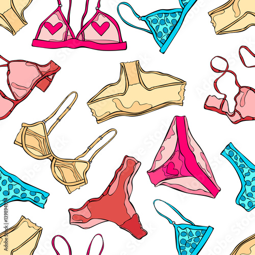 Women underwear: panties and bra. Seamless vector pattern (background).