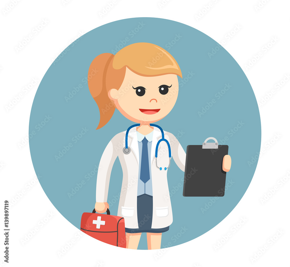 woman doctor with her equipment in circle background