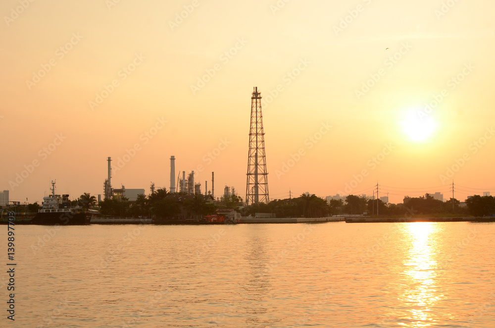 Oil refinery at sunrise in the morning