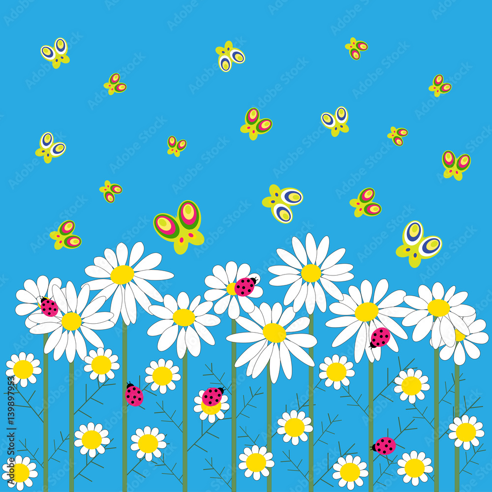 Obraz premium Stylish card with daisies and butterflies on a blue background