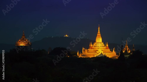 Buddhist Temples and Pagodas at Bagan Burma (Myanmar) Day to Night Timelapse
