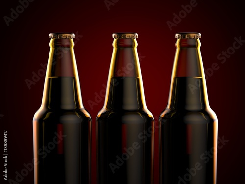 Bottles of beer on a red background. 3d illustration.
