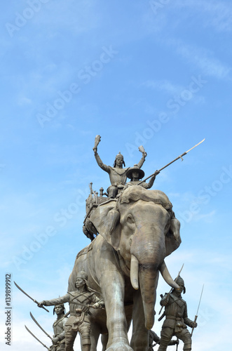 The elephant statue in the blue sky Monument of King Naresuan at Suphanburi province in Thailand