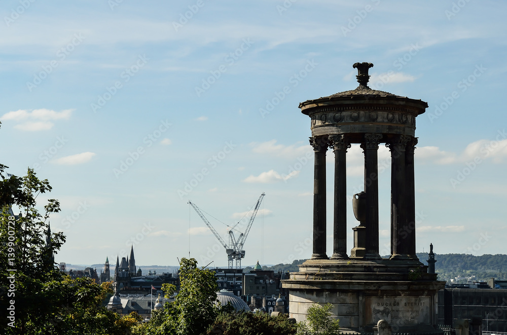 The historic city centre of Edinburgh.Historic Dugald Stewart Monument at Edinburgh, Scotland.