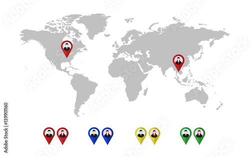 Vector world map with avatars color location icon, Elements of this image furnished by NASA