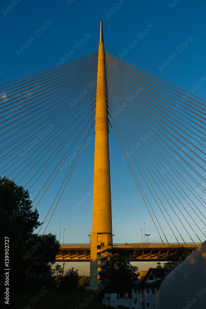 Ada cable bridge at golden hour in Belgrade, Serbia