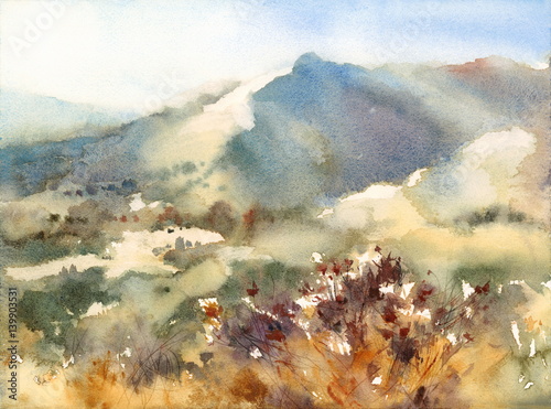 Watercolor Nevada Landscape Mountains Nature Outdoors Hand Painted Illustration