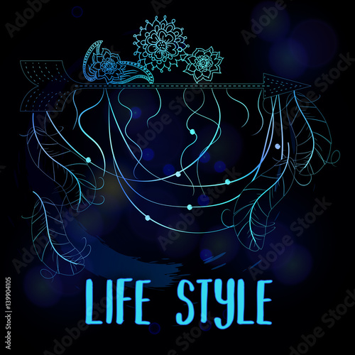 The postcard is decorated in Boho style. Flowers, feathers, wigwam and dreams catcher.