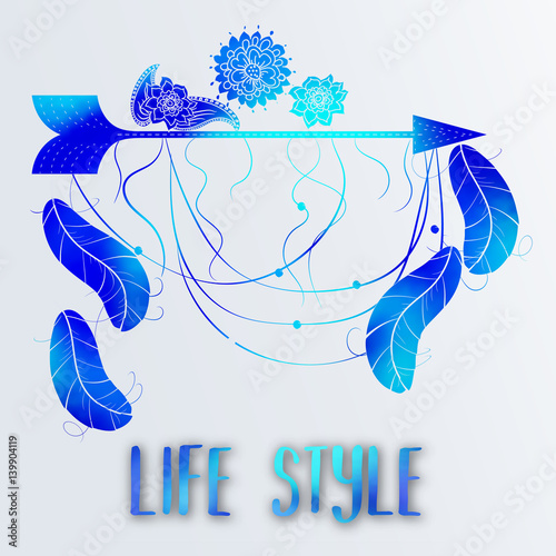 The postcard is decorated in Boho style. Flowers, feathers, wigwam and dreams catcher.