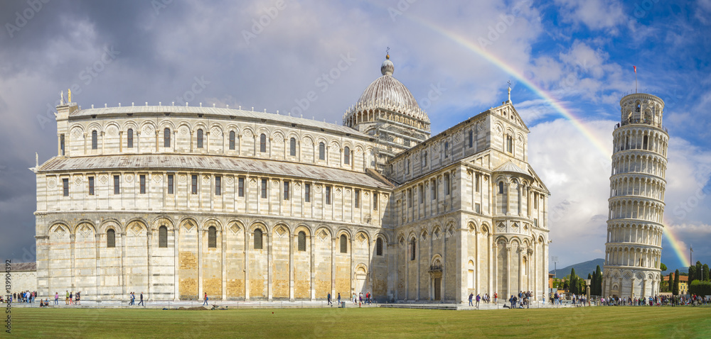 Piazza dei miracoli, with the Basilica and the leaning tower. Pisa, Italy.