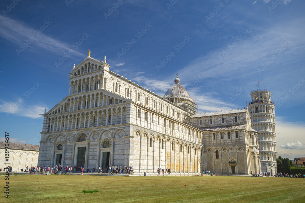 Piazza dei miracoli, with the Basilica and the leaning tower. Pisa, Italy.
