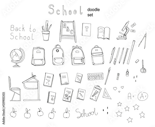 Hand drawn School doodle set illustration with lettering, School supplies, exercise book, microscope, globe , backpack, desk, Textbooks, apple isolated on white
