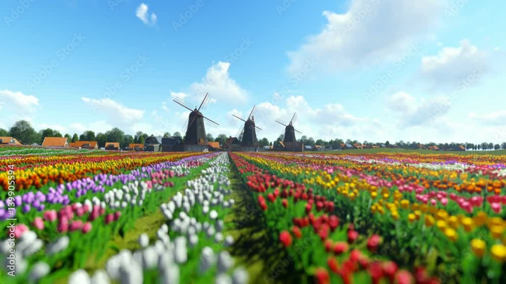 Traditional Dutch windmills with vibrant tulips in the foreground over blue sky, panning Traditional Dutch windmills with vibrant tulips in the foreground over blue sky, panning