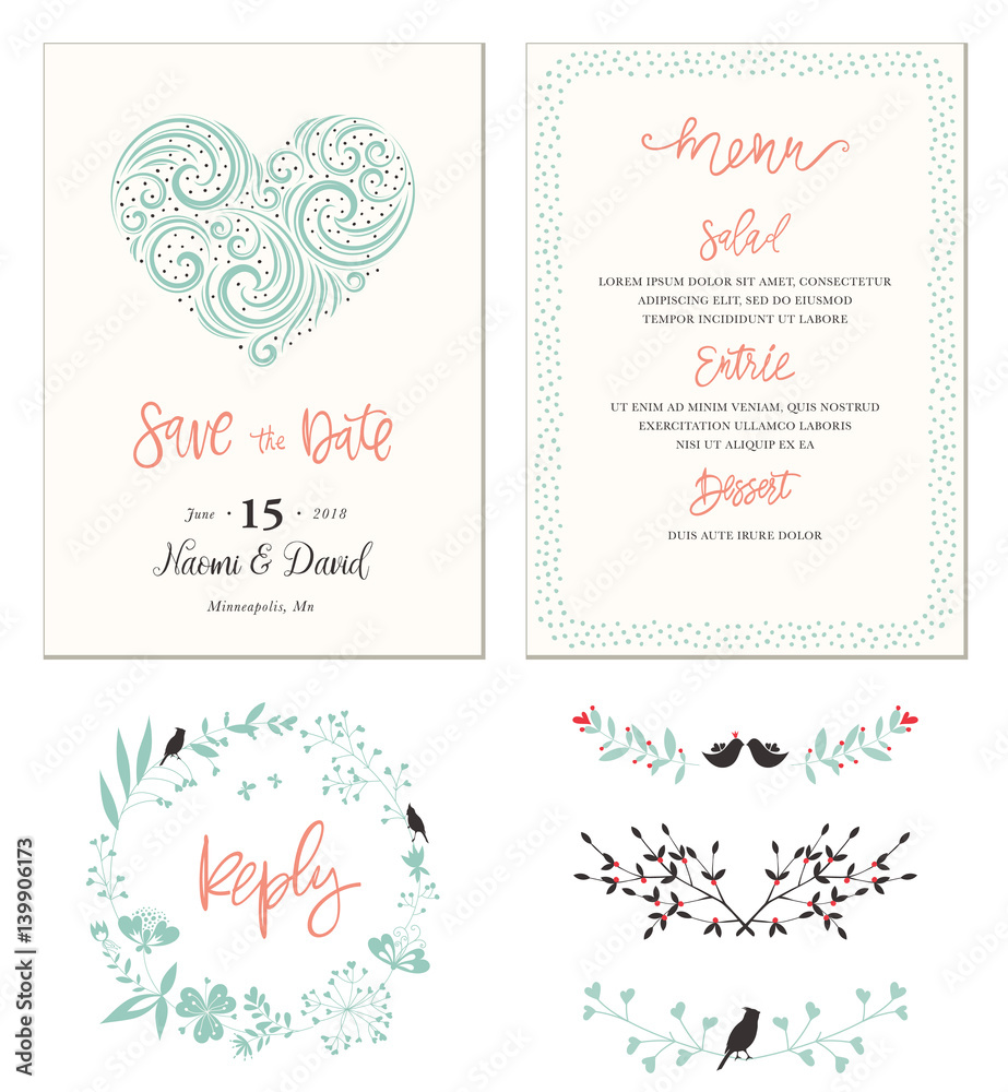 Typographic Wedding cards with swirl heart shape, birds, dots frame, floral wreath and decorative branches.