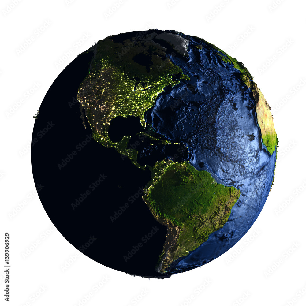 Fototapeta premium Americas on Earth at night isolated on white