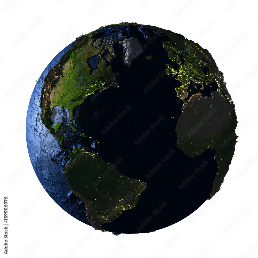 Fototapeta premium Northern Hemisphere on Earth at night isolated on white