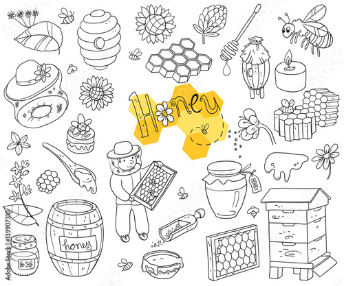 Vector honey element doodle set with beehive, beekeeper, flowers