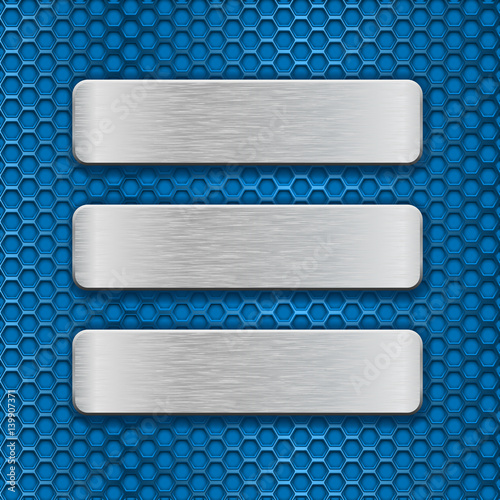 Metal rectangle plates on blue perforated background
