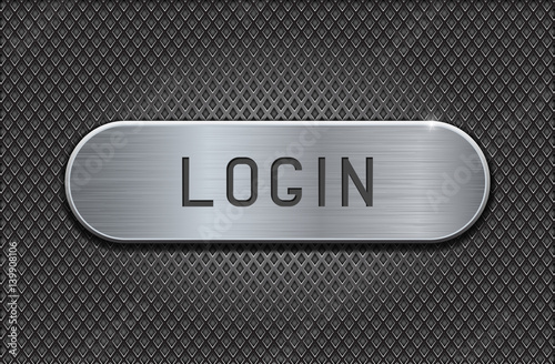 Metal button LOGIN. Brushed steel oval plate on iron perforated background. With diamond shape holes