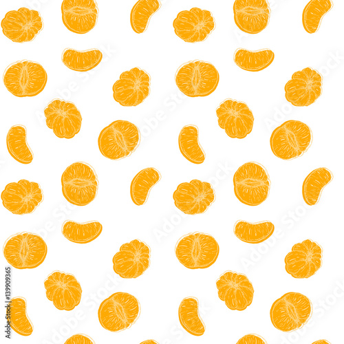 Hand drawn vector seamless pattern with mandarine. Tropical summer fruit engraved vintage style illustration. Design background for branding package, textile.