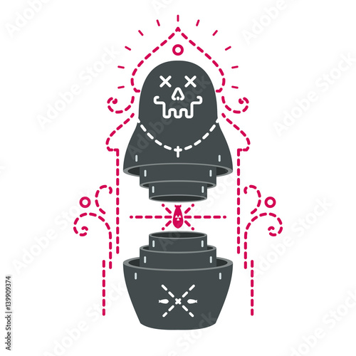 Vintage abstract form russian traditional doll matryoshka with skull face and nuclear bomb in center. Creative original vector illustration in hipster retro style. Template for textile, cover, poster.