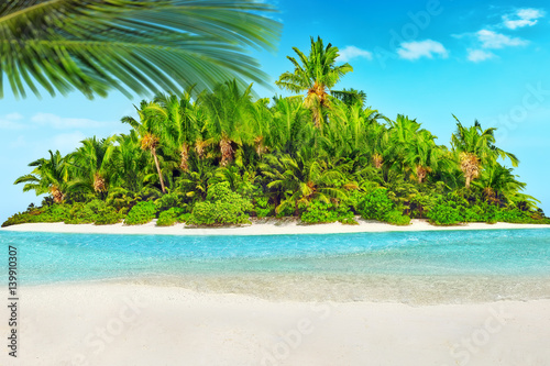Whole tropical island within atoll in tropical Ocean and inscription "Vacations" in the sand on a tropical island. © BRIAN_KINNEY